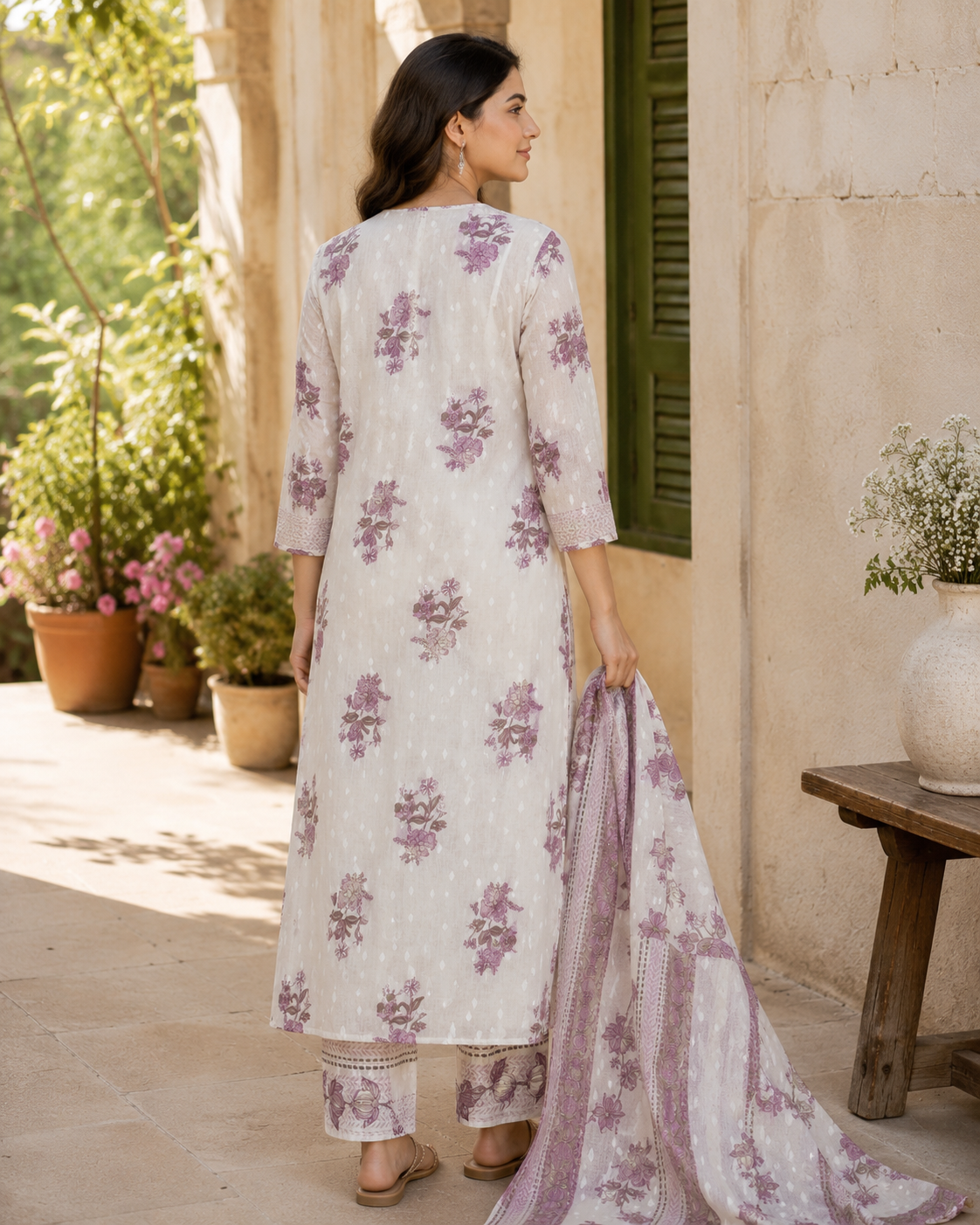 Pure Cotton A-line Suit with Sequin detailing on Yoke