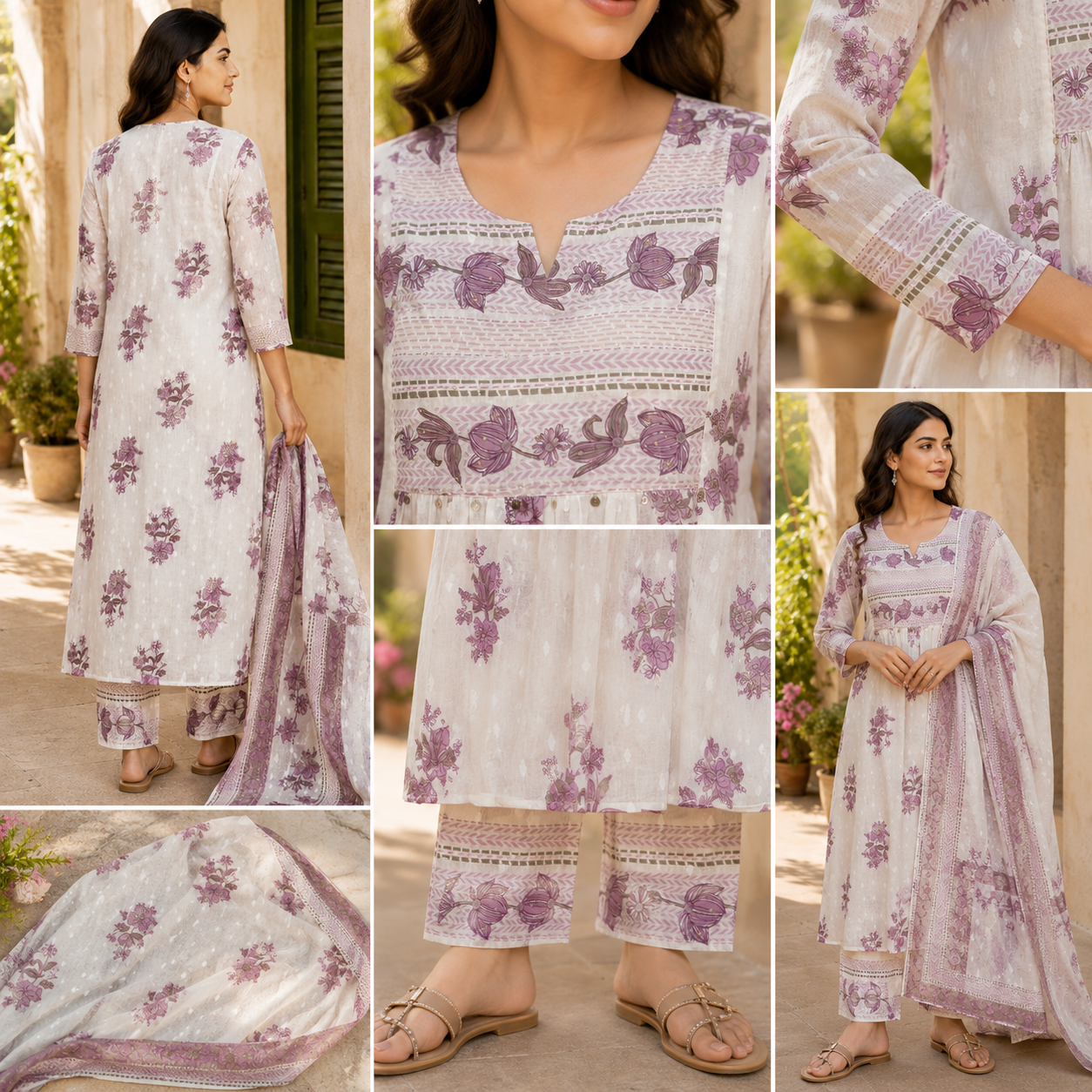 Pure Cotton A-line Suit with Sequin detailing on Yoke