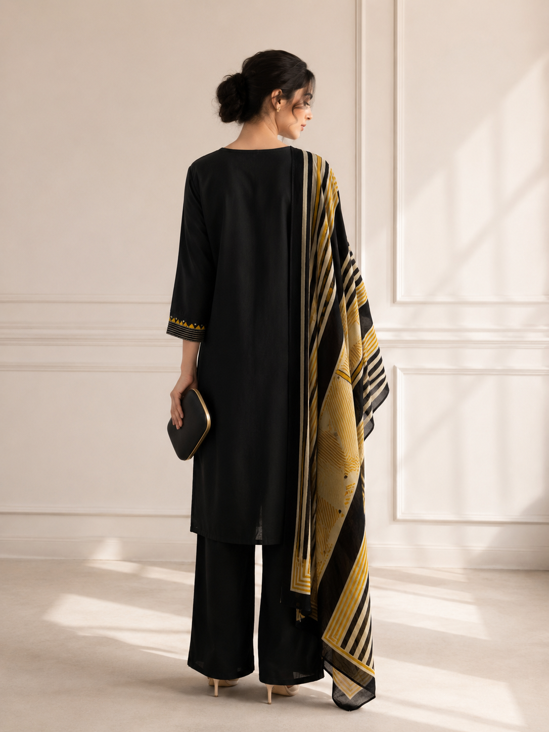 Black Pure Cotton Straight Suit with Mirror work