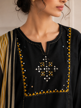Black Pure Cotton Straight Suit with Mirror work