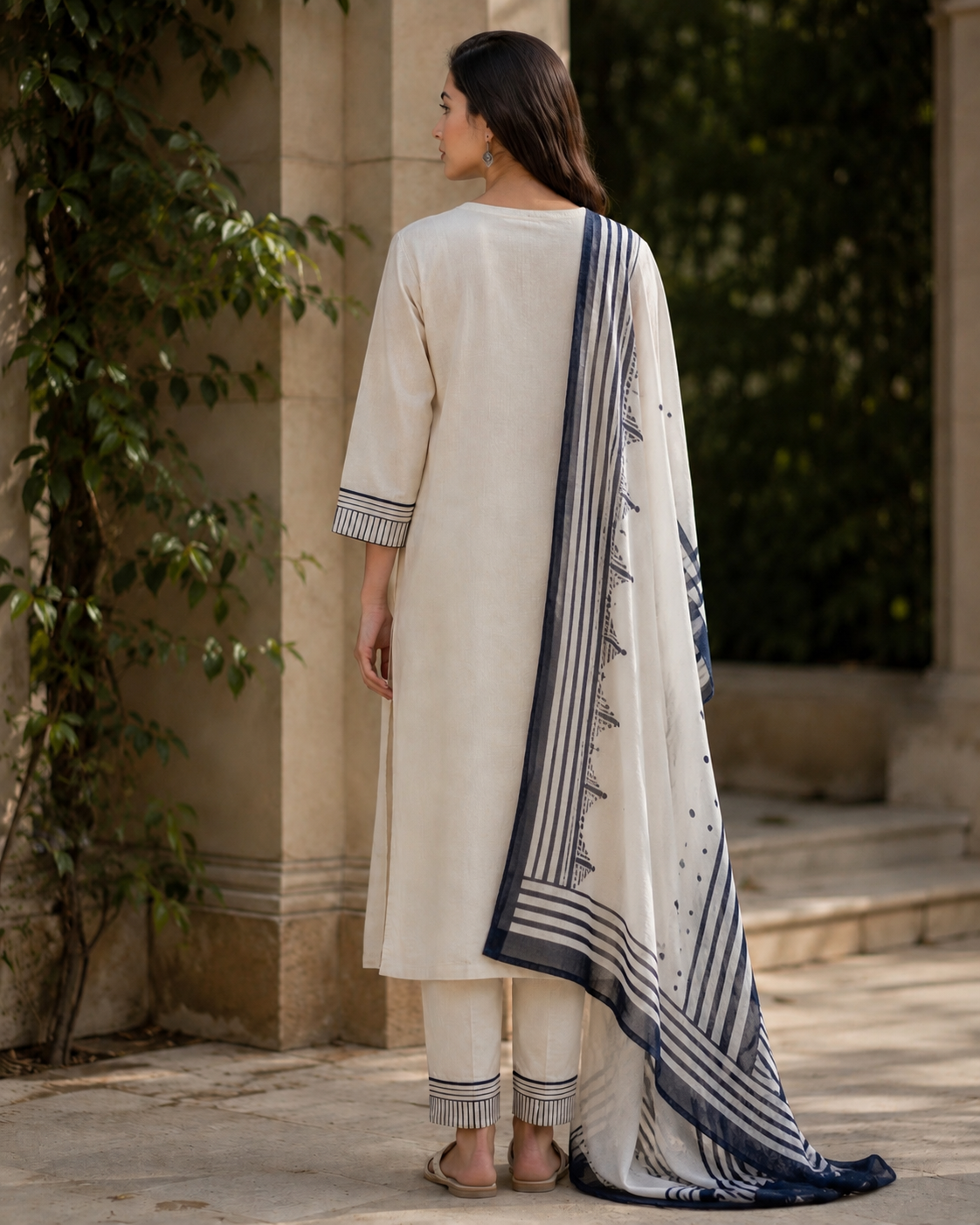 Slub Cotton Straight suit with thread embroidery