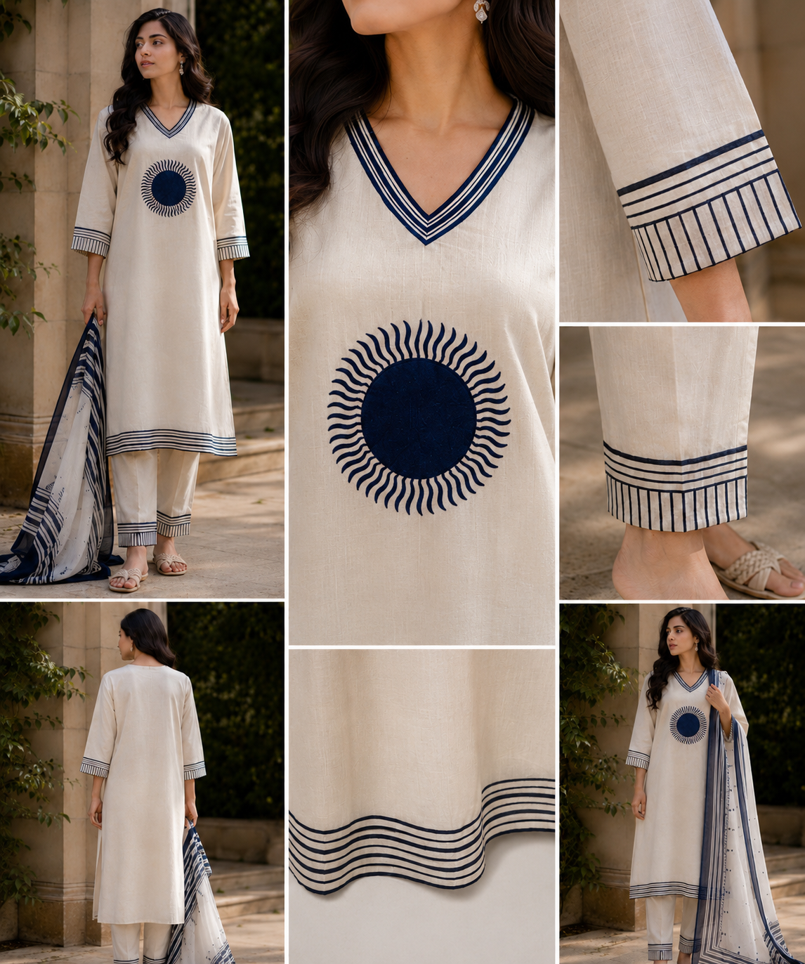 Slub Cotton Straight suit with thread embroidery