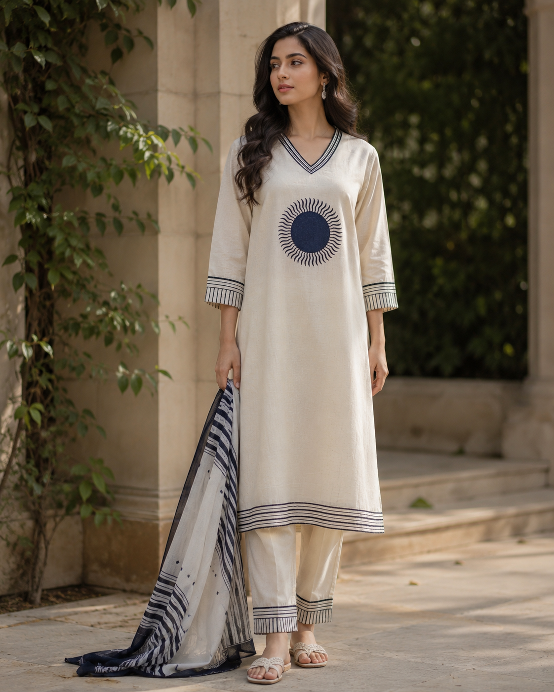 Slub Cotton Straight suit with thread embroidery