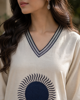 Slub Cotton Straight suit with thread embroidery