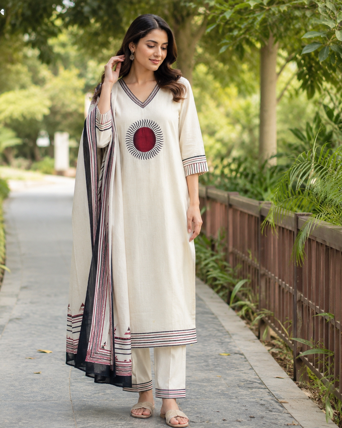 Slub Cotton Straight suit with thread embroidery