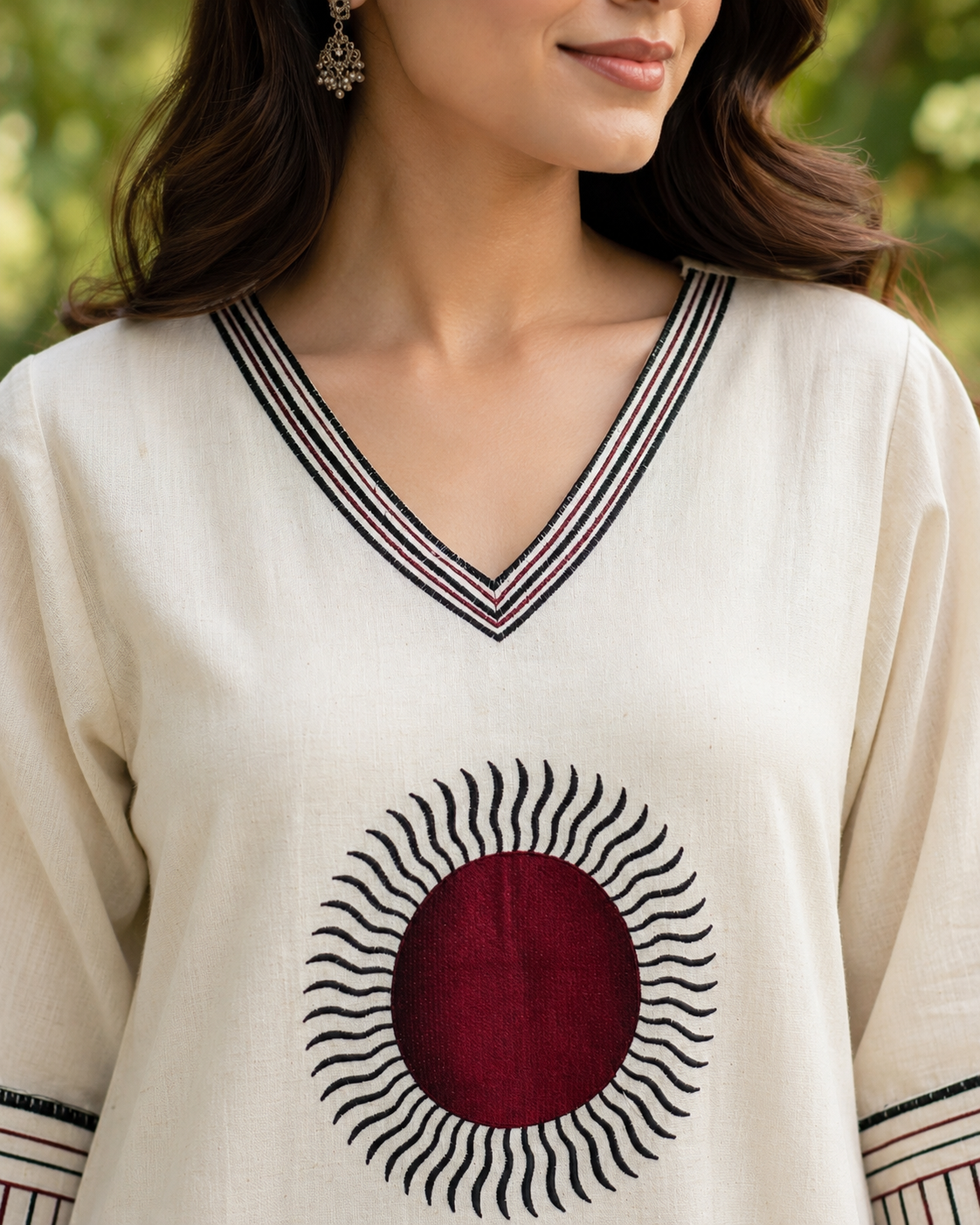Slub Cotton Straight suit with thread embroidery