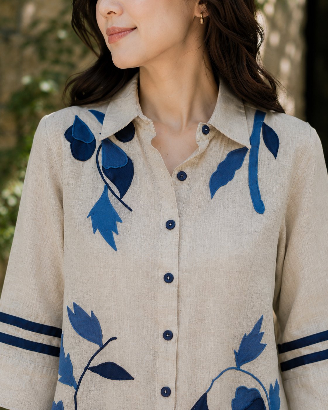Cream Blue  Khadi Cotton Co-ord Set with Embriodery