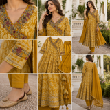 Mustard Yellow Pure Cotton Anarkali suit with Embroidery work