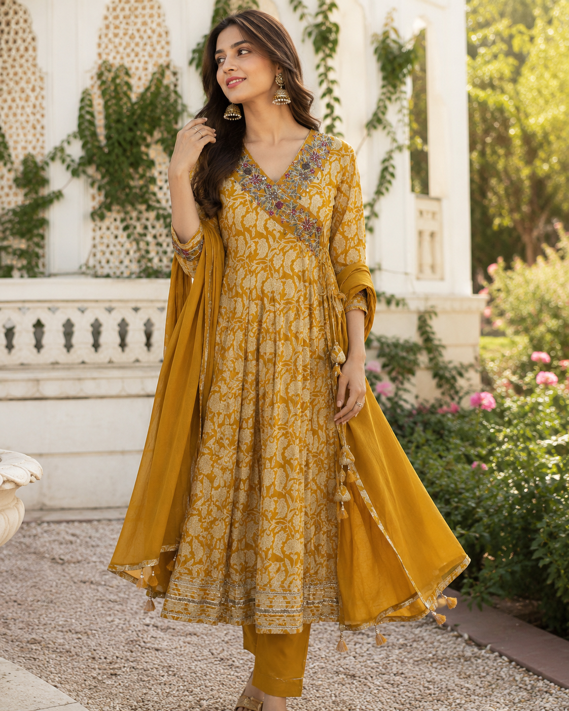 Mustard Yellow Pure Cotton Anarkali suit with Embroidery work