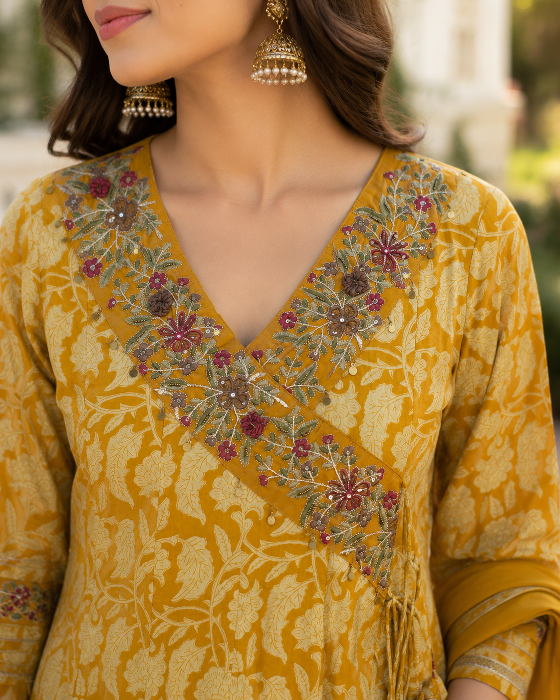 Mustard Yellow Pure Cotton Anarkali suit with Embroidery work
