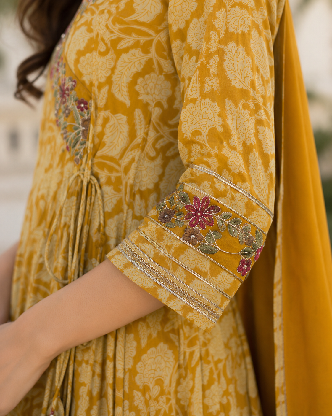 Mustard Yellow Pure Cotton Anarkali suit with Embroidery work