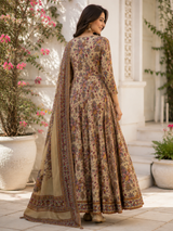 Beige Printed Pure Cotton Anarkali suit with Thread and sequin work