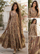 Beige Printed Pure Cotton Anarkali suit with Thread and sequin work