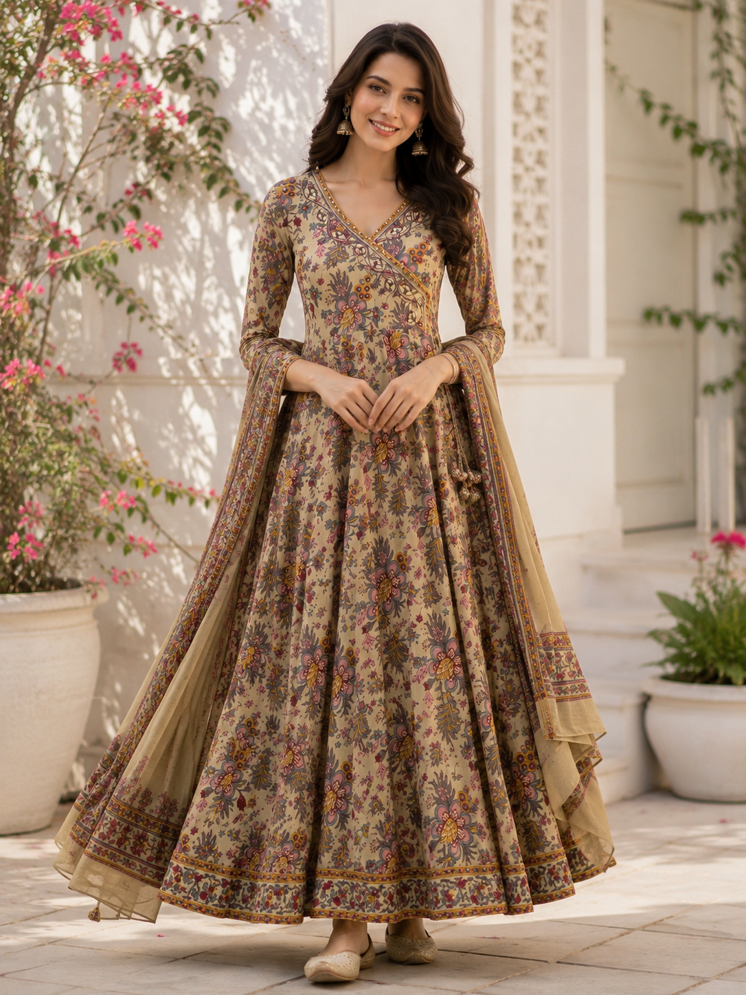 Beige Printed Pure Cotton Anarkali suit with Thread and sequin work