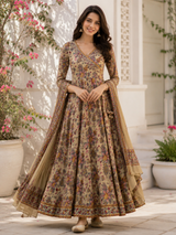 Beige Printed Pure Cotton Anarkali suit with Thread and sequin work