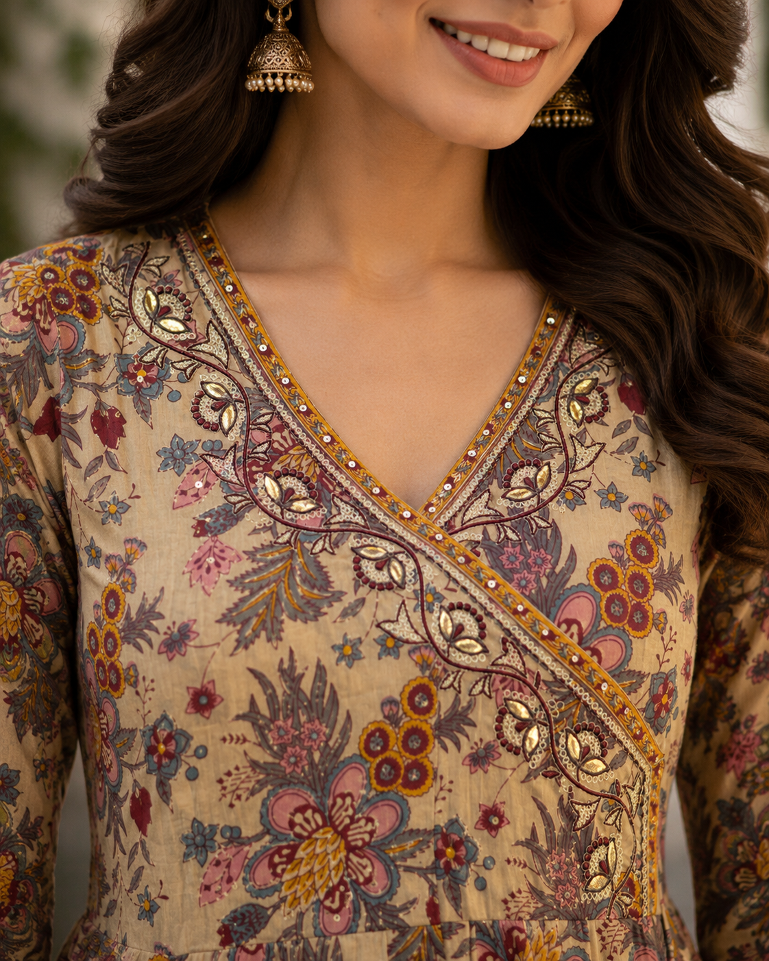 Beige Printed Pure Cotton Anarkali suit with Thread and sequin work