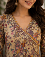 Beige Printed Pure Cotton Anarkali suit with Thread and sequin work