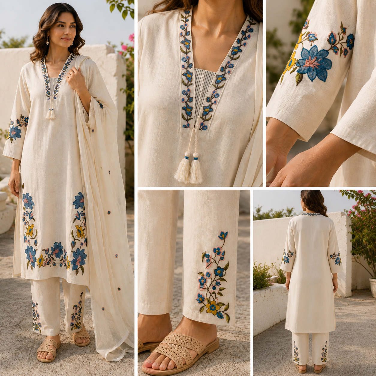 Cream Flex Cotton Straight suit with Embroidery Work