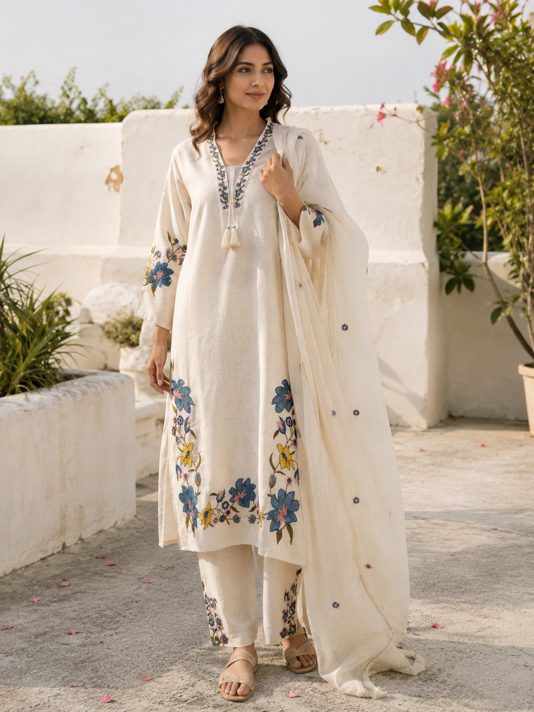 Cream Flex Cotton Straight suit with Embroidery Work