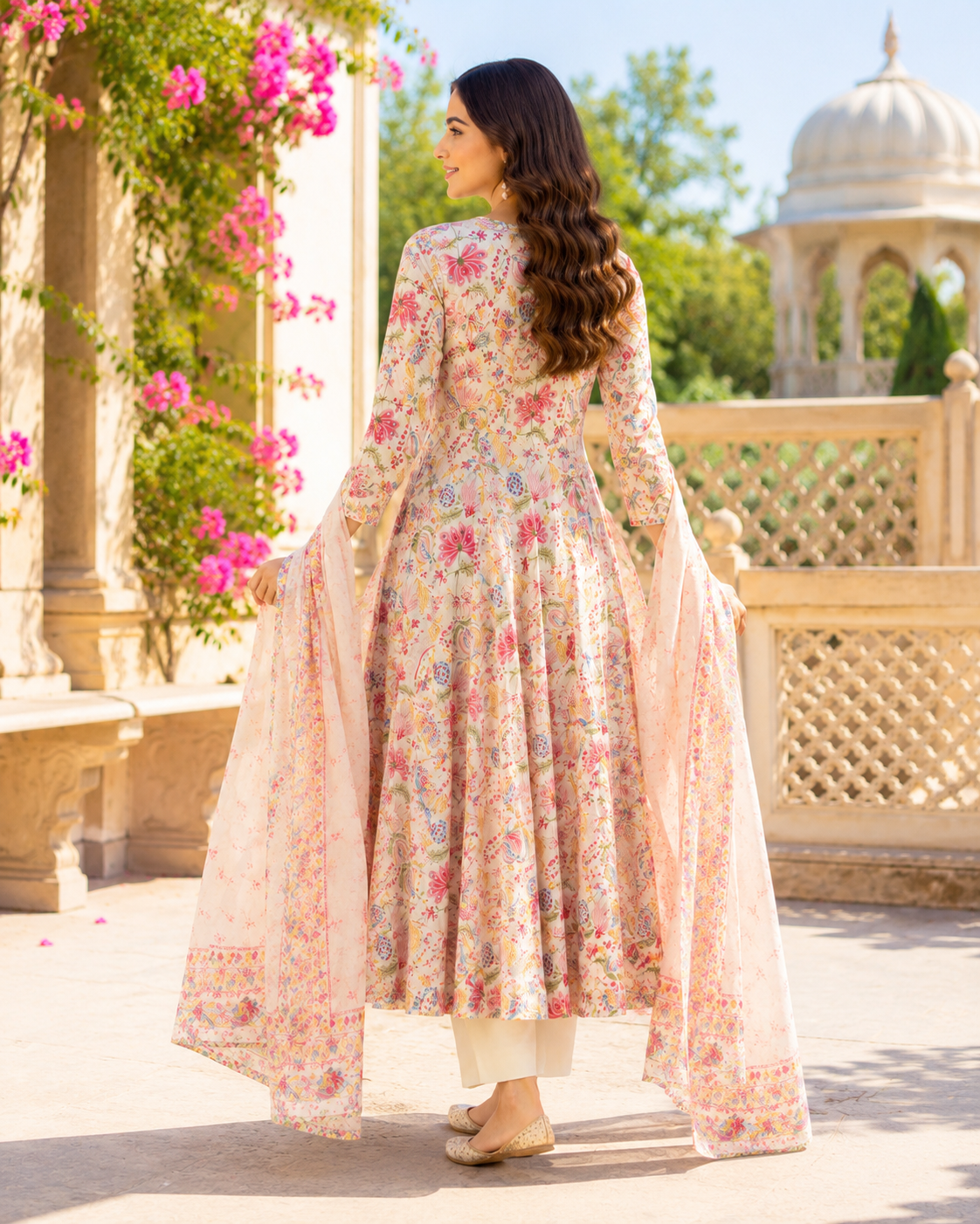 Cream Printed Pure Cotton Anarkali suit with Thread & Cut Dana work