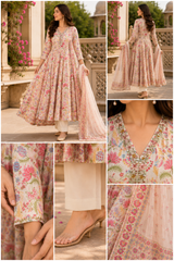 Cream Printed Pure Cotton Anarkali suit with Thread & Cut Dana work