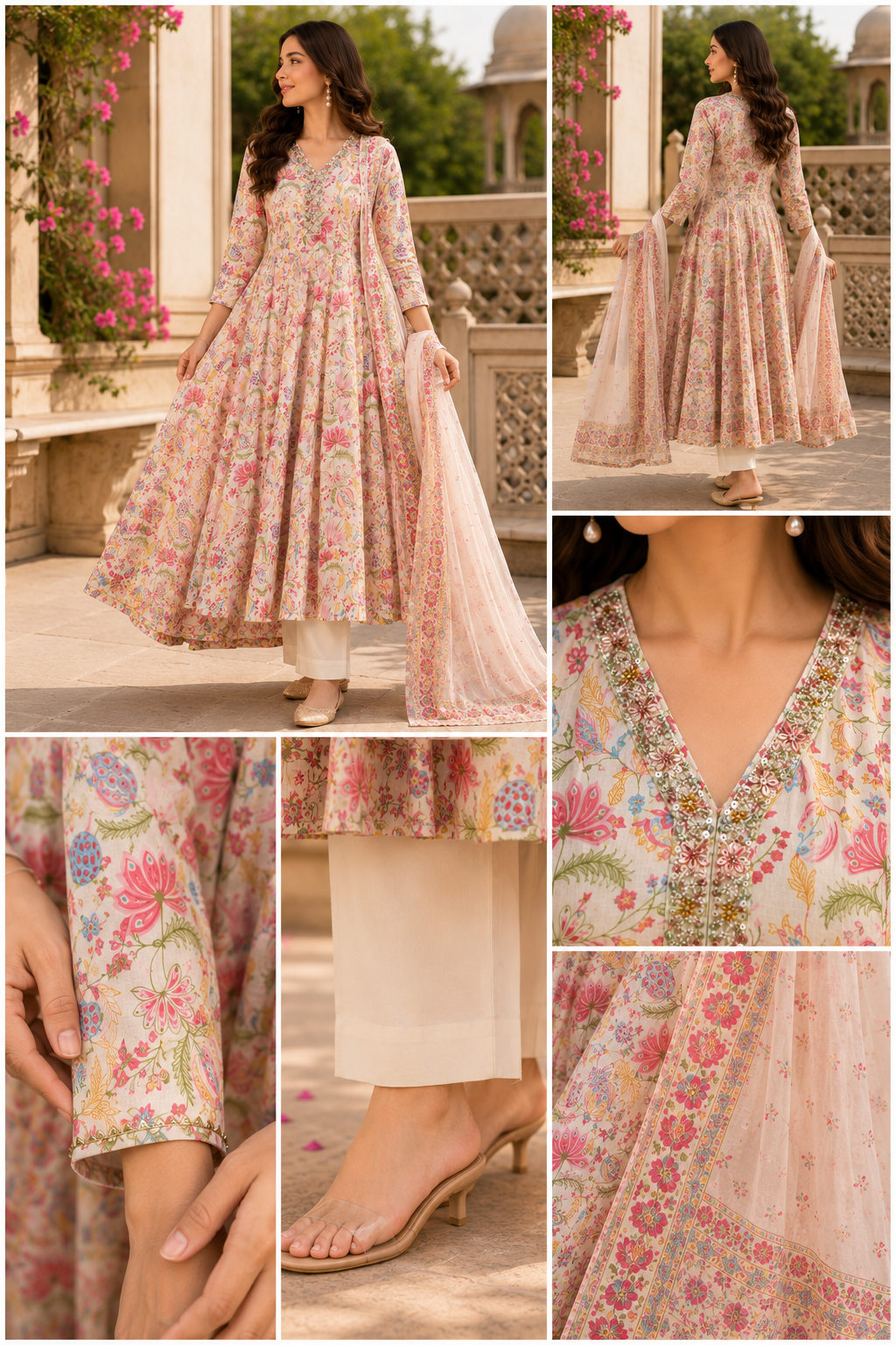 Cream Printed Pure Cotton Anarkali suit with Thread & Cut Dana work