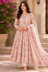 Cream Printed Pure Cotton Anarkali suit with Thread & Cut Dana work