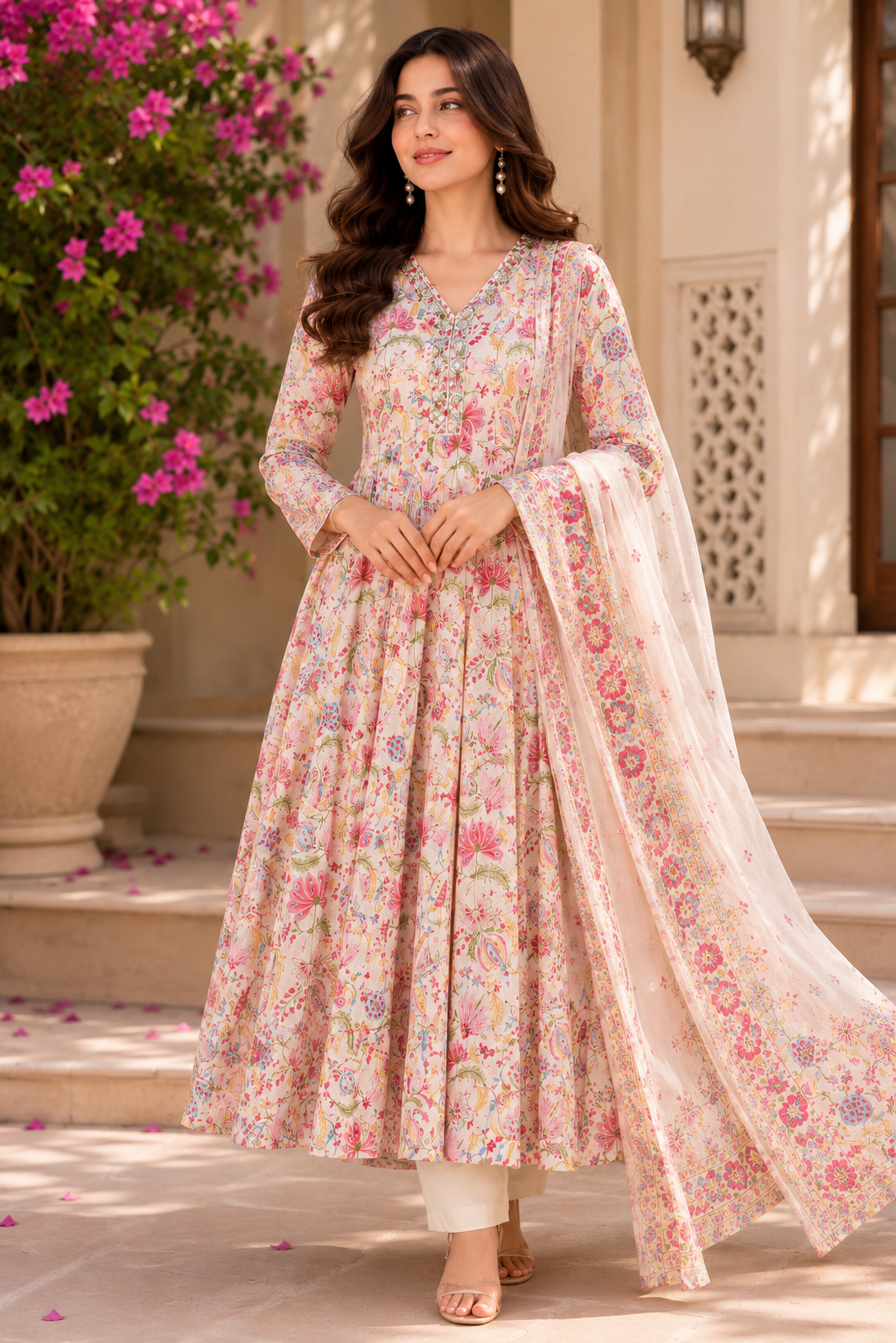 Cream Printed Pure Cotton Anarkali suit with Thread & Cut Dana work