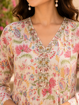Cream Printed Pure Cotton Anarkali suit with Thread & Cut Dana work