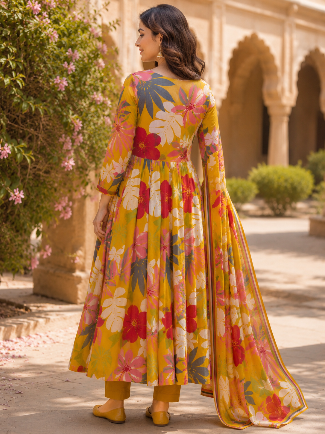 Mustard Yellow Pure Cotton Anarkali Suit with Embroidery & Cut Dana Work