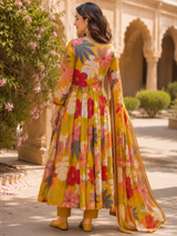 Mustard Yellow Pure Cotton Anarkali Suit with Embroidery & Cut Dana Work