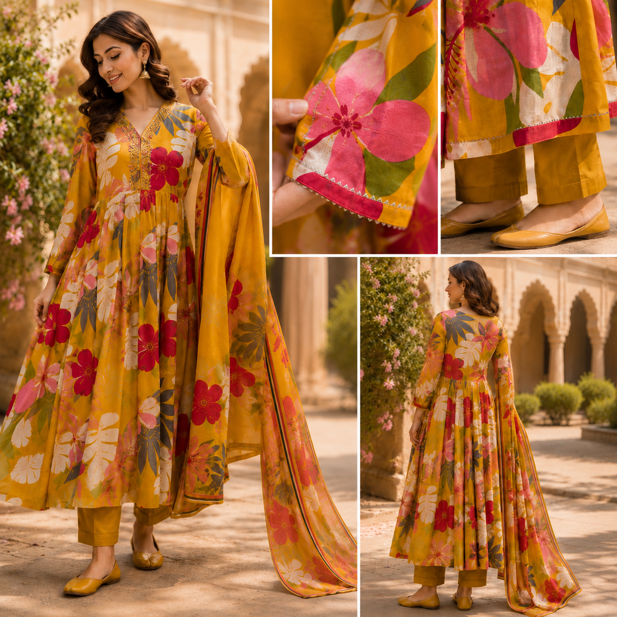 Mustard Yellow Pure Cotton Anarkali Suit with Embroidery & Cut Dana Work