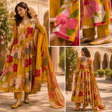Mustard Yellow Pure Cotton Anarkali Suit with Embroidery & Cut Dana Work