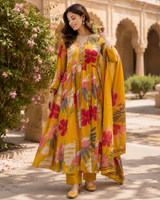 Mustard Yellow Pure Cotton Anarkali Suit with Embroidery & Cut Dana Work