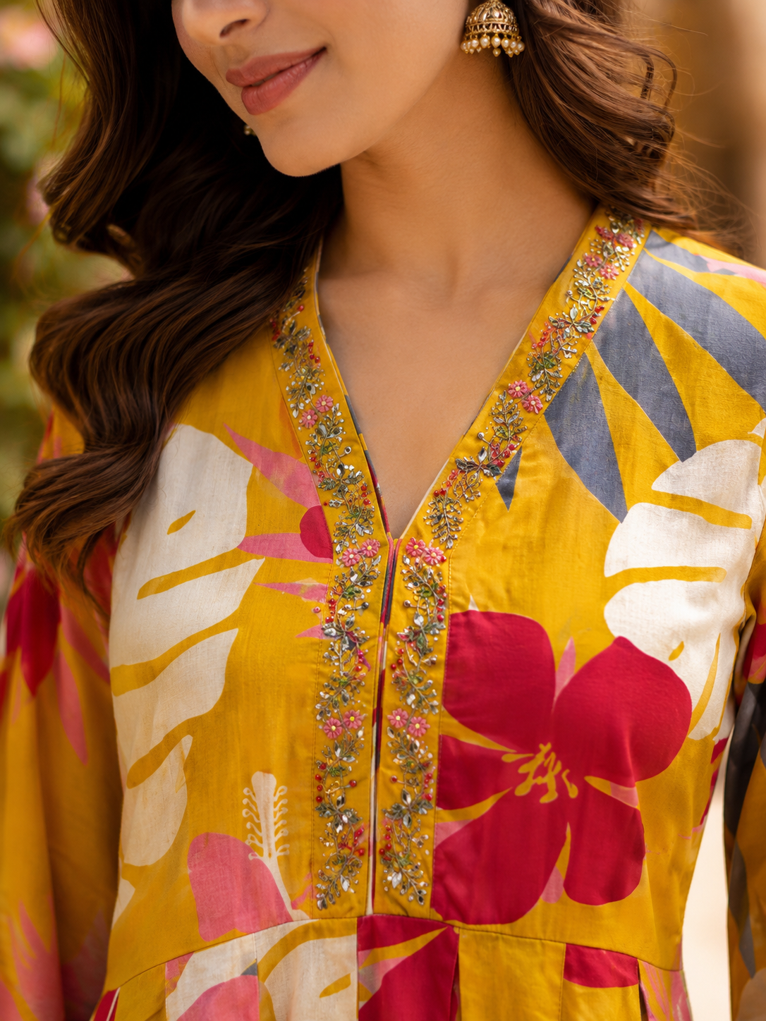Mustard Yellow Pure Cotton Anarkali Suit with Embroidery & Cut Dana Work
