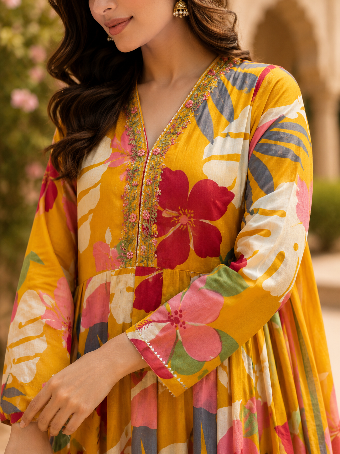 Mustard Yellow Pure Cotton Anarkali Suit with Embroidery & Cut Dana Work