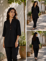 Black Khadi Cotton Co-ord Set with Detailing