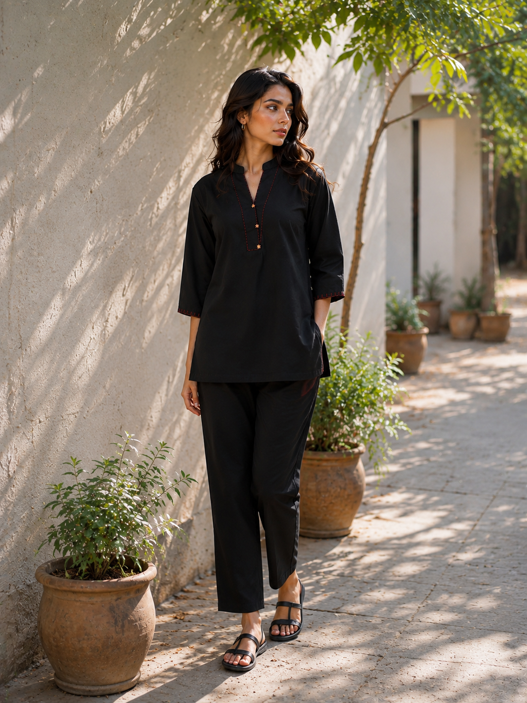 Black Khadi Cotton Co-ord Set with Detailing