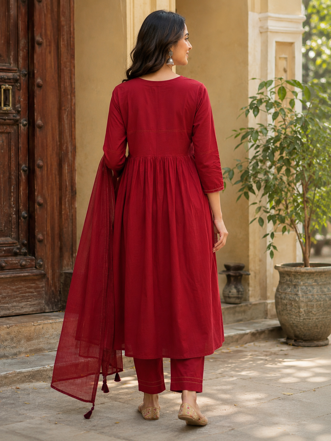 Maroon Pure Cotton A-Line suit with Thread work