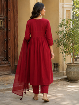 Maroon Pure Cotton A-Line suit with Thread work