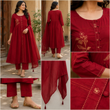 Maroon Pure Cotton A-Line suit with Thread work