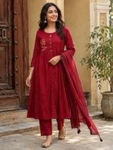 Maroon Pure Cotton A-Line suit with Thread work