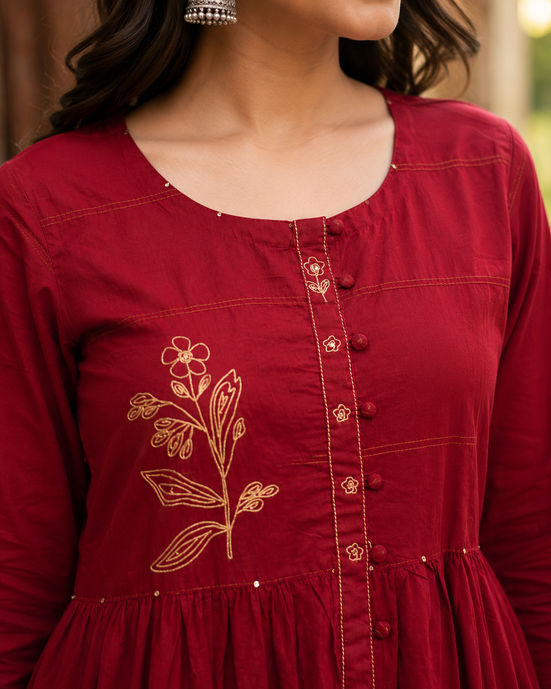 Maroon Pure Cotton A-Line suit with Thread work
