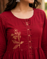 Maroon Pure Cotton A-Line suit with Thread work
