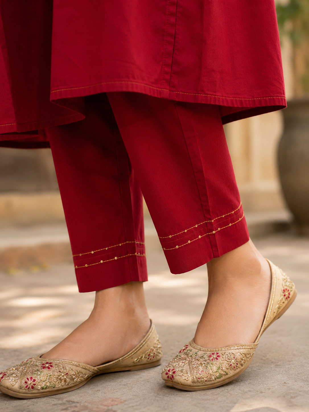 Maroon Pure Cotton A-Line suit with Thread work