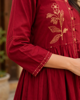 Maroon Pure Cotton A-Line suit with Thread work