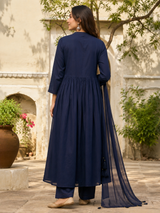 Navy Blue Angrakha Style  Pure Cotton A-Line suit with embroidery work