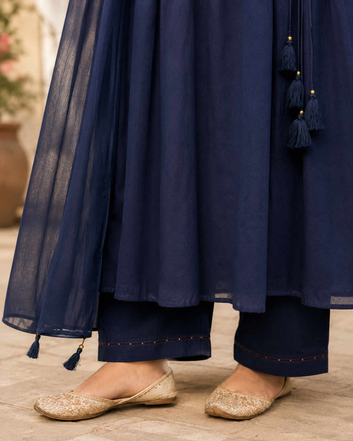 Navy Blue Angrakha Style  Pure Cotton A-Line suit with embroidery work