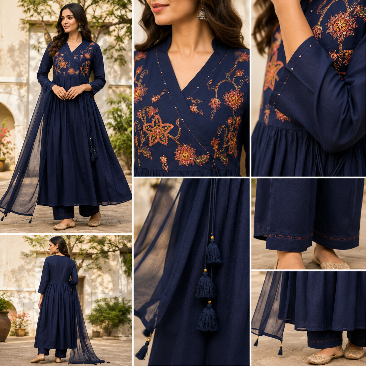 Navy Blue Angrakha Style  Pure Cotton A-Line suit with embroidery work