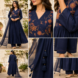 Navy Blue Angrakha Style  Pure Cotton A-Line suit with embroidery work